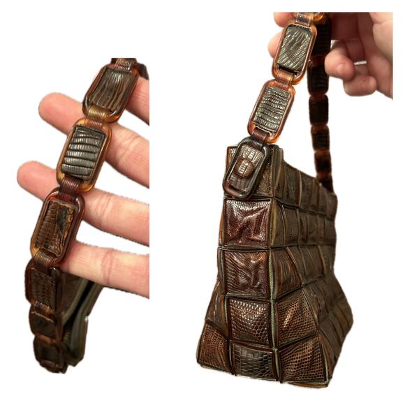 Rare 1940s Brown Alligator Tiles Small Handbag Lucite Handle Purse - Picture 5 of 5